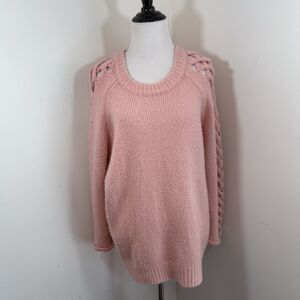HUMMINGBIRD BRAND SWEATER S PINK LACE UP SLEEVE CABLE KNIT CHUNKY CREW NECK